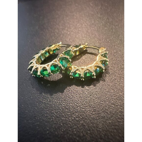 Gold Hoop Earrings With Emerald-Green Stones CZ Fashion Jewelry - Picture 3 of 4